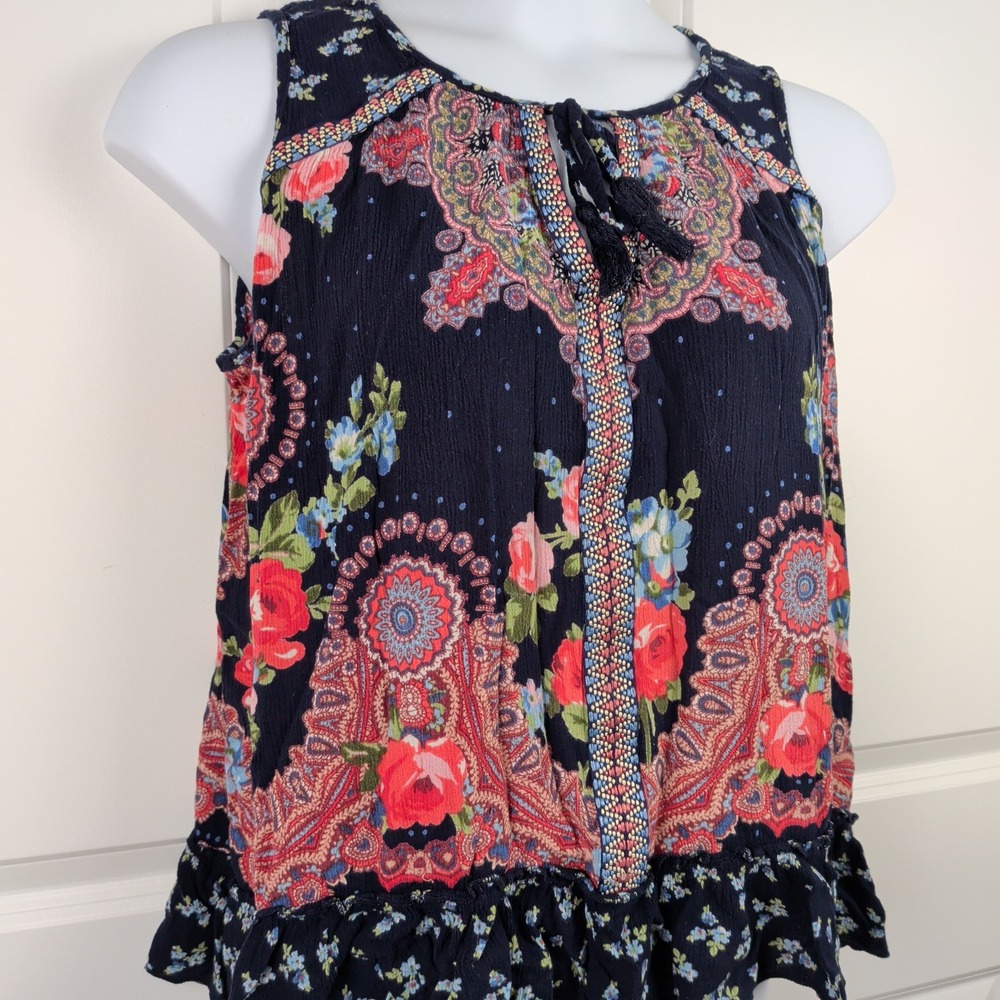 Flowy Feminine Prairie Paisley Floral Boho Tassel Ruffle Casual Tank Top Large